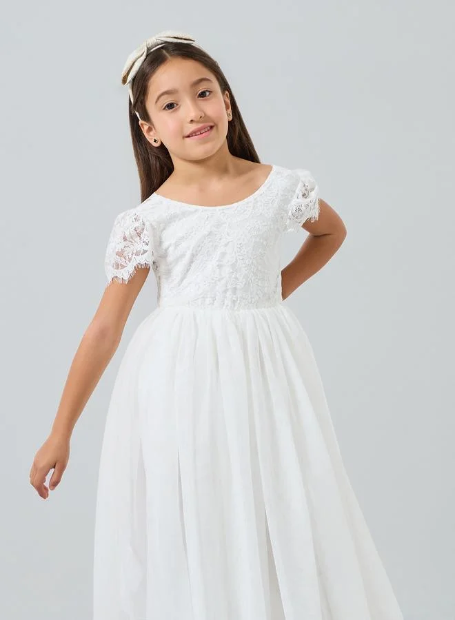 Take Two  Girls White Lace Puff Sleeve Tulle Maxi Dress for Women | Best Price UAE